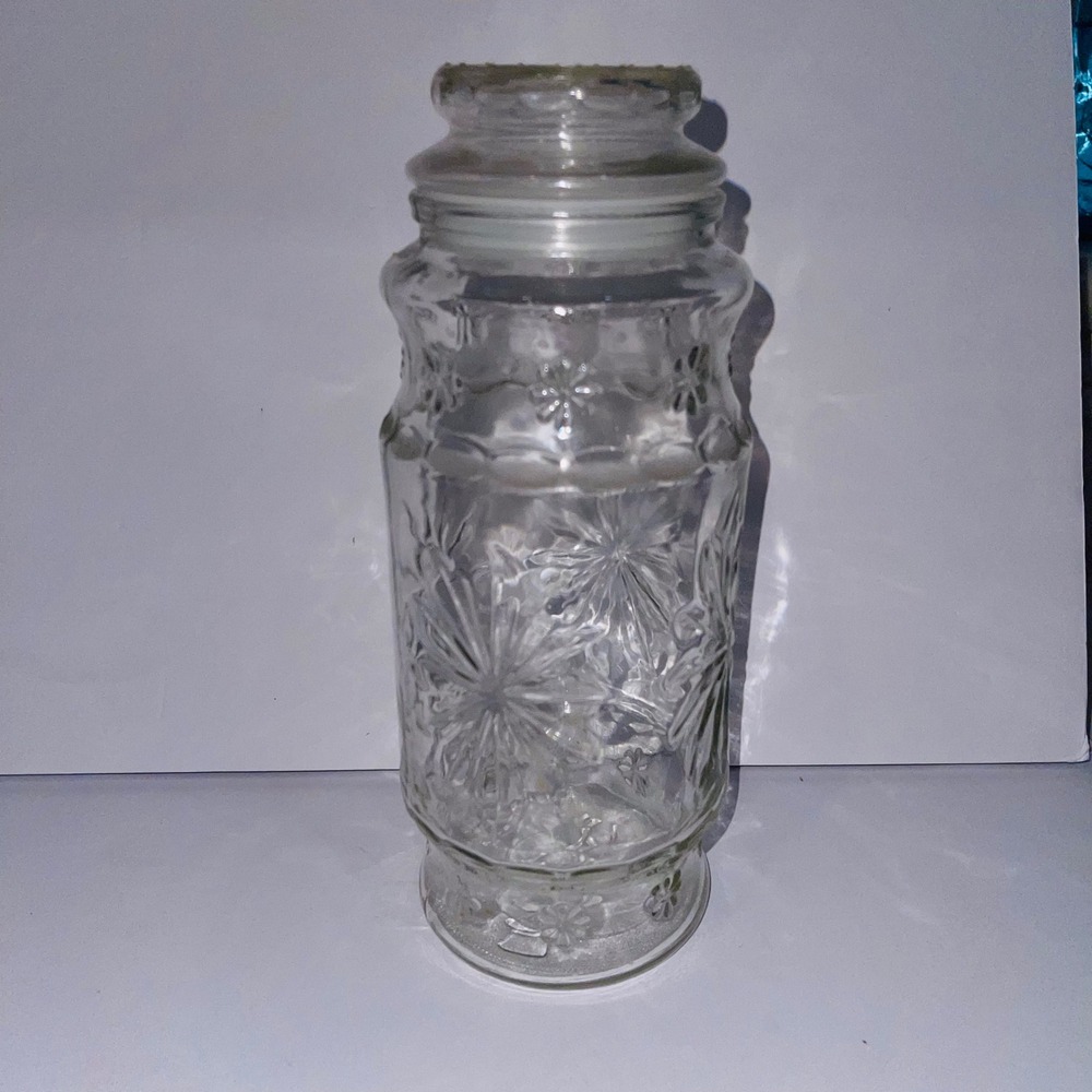 Planters Mr Peanut Vintage 80's Glass Jar with Lid Embossed Starburst Design